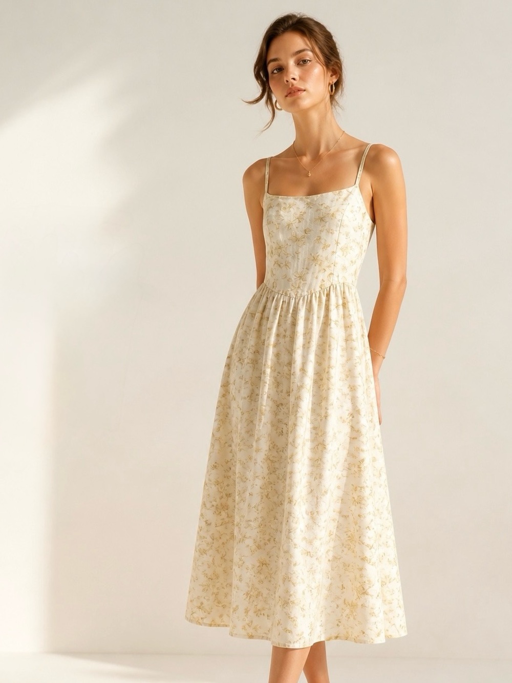 Japna Cream Midi  Dress with Gold Floral Print